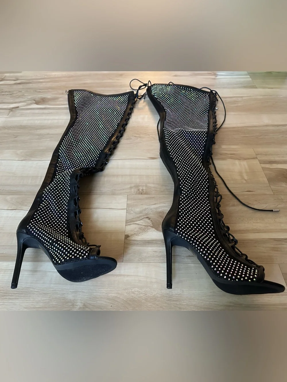 Unbranded Black Rhinestone Lace-Up Over-The-Knee Stiletto Boots! Brand New!